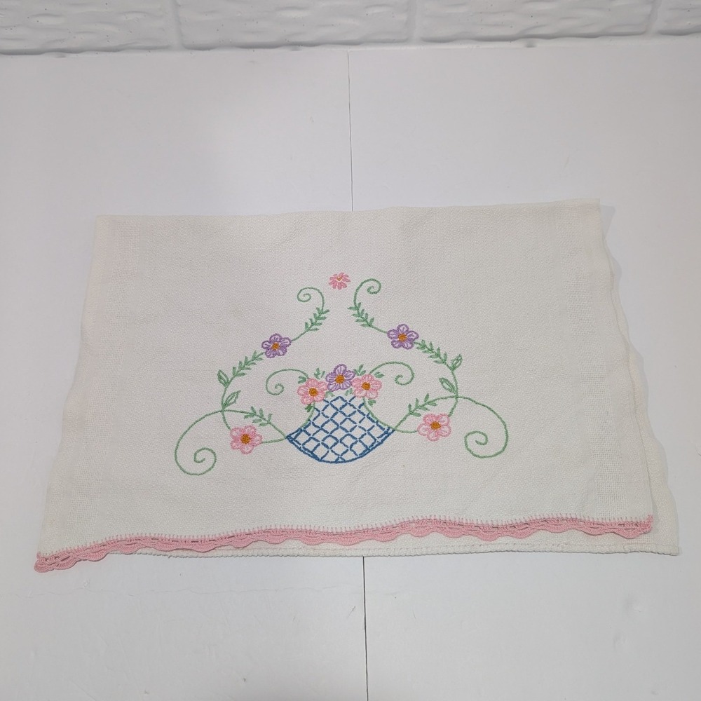 Vintage Hand Embroidered Tea Towel Floral Basket Pink Crochet Trim Cottagecore
